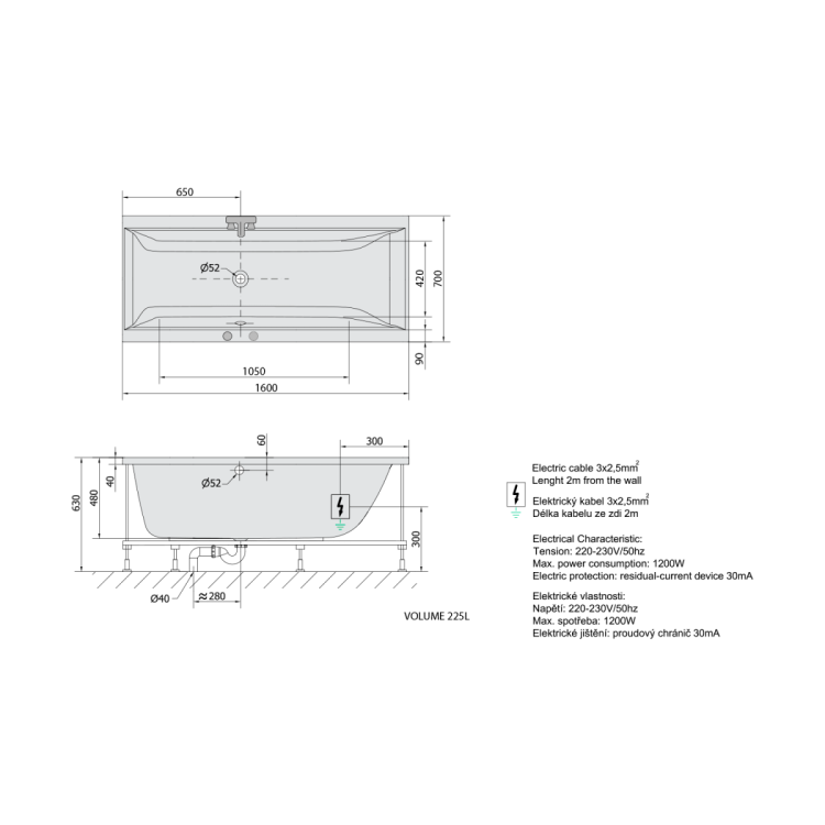 CLEO wanna z hydromasażem, 160x70x48cm, Active Hydro-Air, chrom