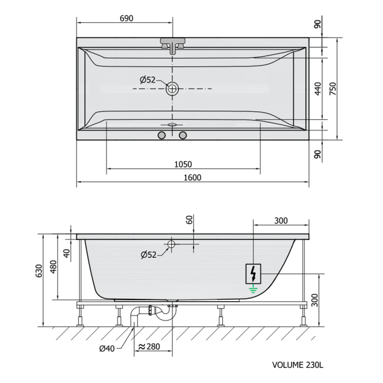 CLEO wanna z hydromasażem, 160x75x48cm, Highline Hydro-Air, chrom