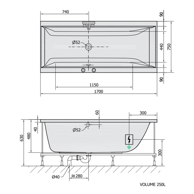 CLEO wanna z hydromasażem, 170x75x48cm, Active Hydro-Air, chrom