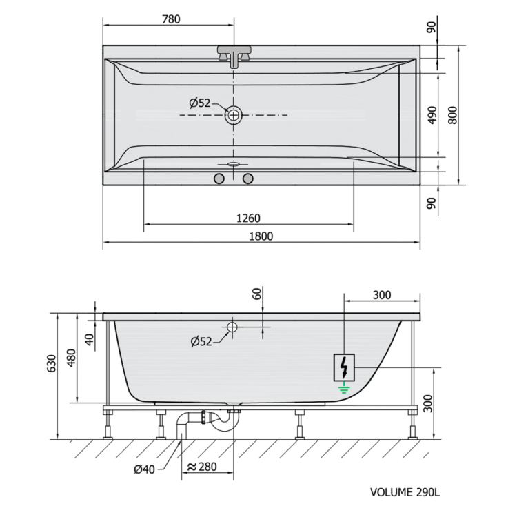 CLEO wanna z hydromasażem, 180x80x48cm, Highline Hydro-Air, chrom
