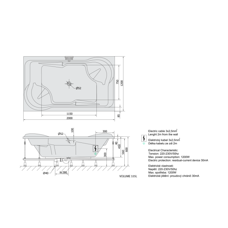 DUO wanna z hydromasażem, 200x120x45cm Highline Hydro-Air, chrom