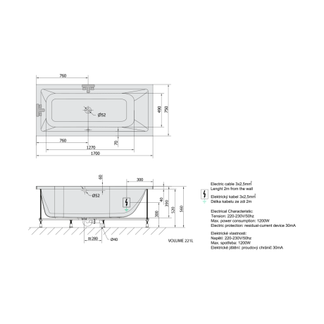Przejdź do produktu MIMOA wanna z hydromasażem, 170x75x39cm, Active Hydro-Air, chrom