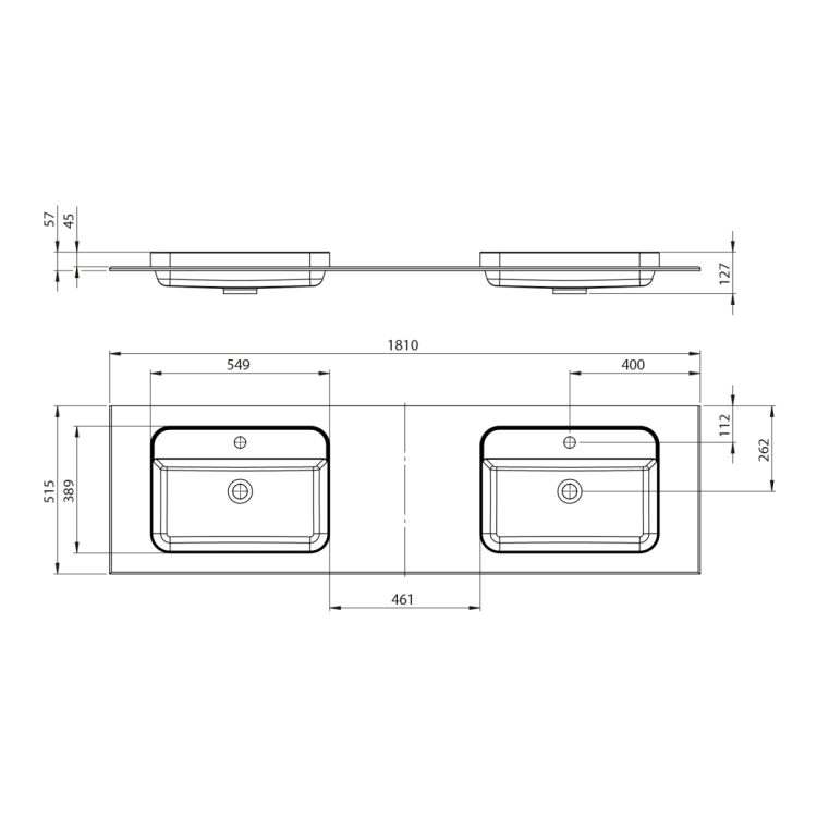 BRAHEA umywalka podwójna 181x51,5cm (80+20+80cm), Rockstone, biały mat
