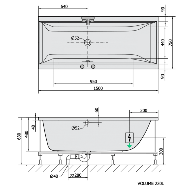 CLEO wanna z hydromasażem, 150x75x48cm, Active Hydro, chrom