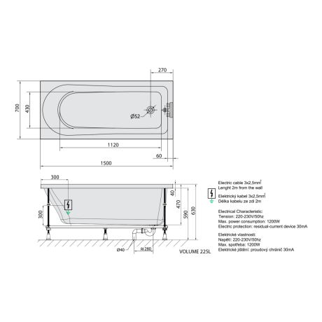 Przejdź do produktu LISA wanna z hydromasażem, 150x70x47cm, Active Hydro, chrom