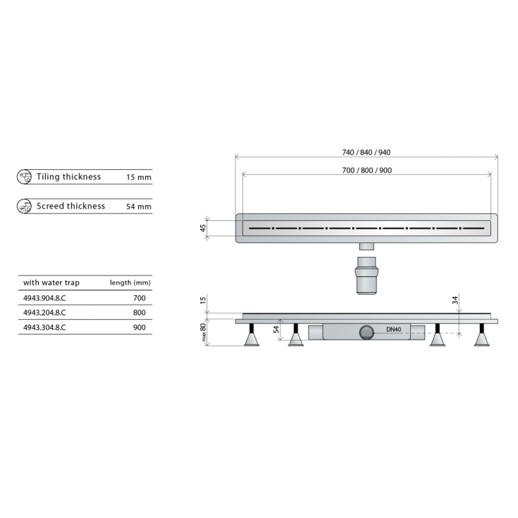 RENOVA ECO LINE odpływ liniowy z rusztem ze stali nierdzewnej, L-800, DN40