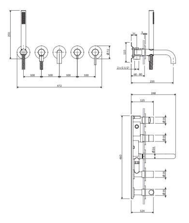 Przejdź do produktu Bateria wannowa, podtynkowa 5-otworowa ze słuchawką prysznicową i krótką wylewką Omnires Y1237-1SNI nikiel szczotkowany