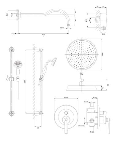 Przejdź do produktu Zestaw prysznicowy podtynkowy, okrągła deszczownica 22,5 cm, słuchawka prysznicowa i bateria podtynkowa Omnires SYSAM20BSB, mosiądz szczotkowany
