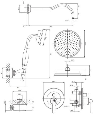 Przejdź do produktu Zestaw prysznicowy podtynkowy, okrągła deszczownica 22,5 cm, słuchawka prysznicowa i bateria podtynkowa Omnires SYSAM10BSB, mosiądz szczotkowany