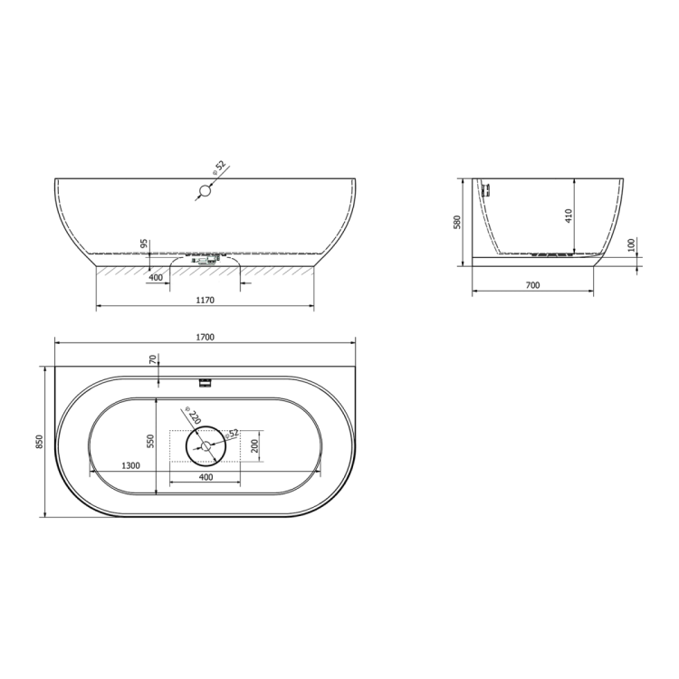 PAGODA wanna przyścienna 170x85x58cm, kompozyt, szary mat