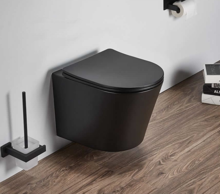 Czarna miska WC bezkołnierzowa wisząca 36x48 cm krótka z deską wolnoopadającą, bidet wiszący Ceramika Sofia VLD SOFIA NT-7161-TO-BL-MAT czarny mat