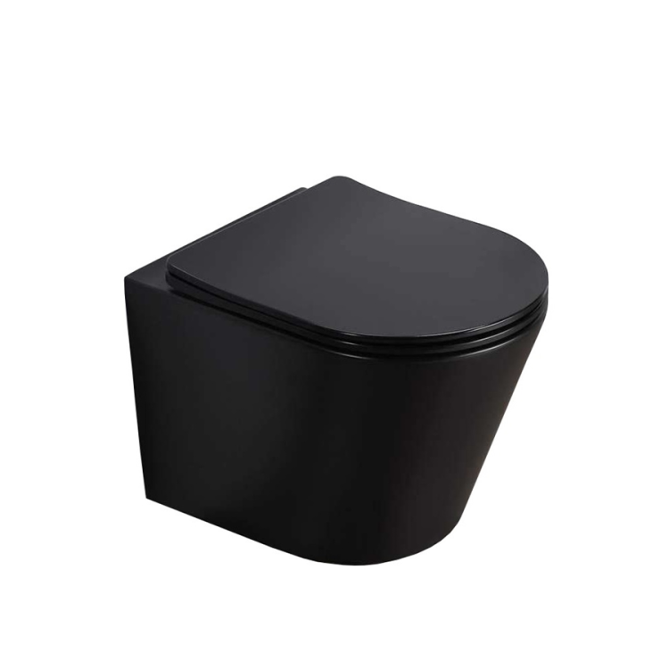 Czarna miska WC bezkołnierzowa wisząca 36x48 cm krótka z deską wolnoopadającą, bidet wiszący Ceramika Sofia VLD SOFIA NT-7161-TO-BL-MAT czarny mat