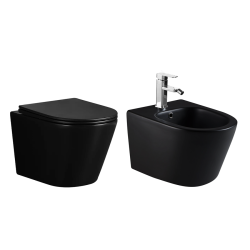 Czarny zestaw WC, miska WC bezkołnierzowa wisząca 36x48 cm krótka z deską wolnoopadającą, bidet wiszący Ceramika Sofia VLD SOFIA NT-7161-TO-BL-MAT + NT-DSLIM-1451-BL-MAT-U + NT-B-7159-TO-BL-MAT czarny mat
