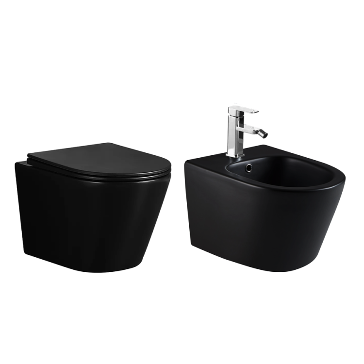 Czarny zestaw WC, miska WC bezkołnierzowa wisząca 36x48 cm krótka z deską wolnoopadającą, bidet wiszący Ceramika Sofia VLD SOFIA NT-7161-TO-BL-MAT + NT-DSLIM-1451-BL-MAT-U + NT-B-7159-TO-BL-MAT czarny mat