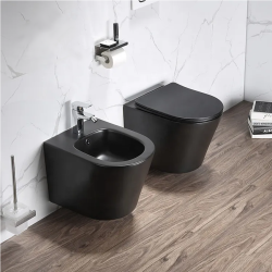 Czarny zestaw WC, miska WC bezkołnierzowa wisząca 36x48 cm krótka z deską wolnoopadającą, bidet wiszący Ceramika Sofia VLD SOFIA NT-7161-TO-BL-MAT + NT-DSLIM-1451-BL-MAT-U + NT-B-7159-TO-BL-MAT czarny mat