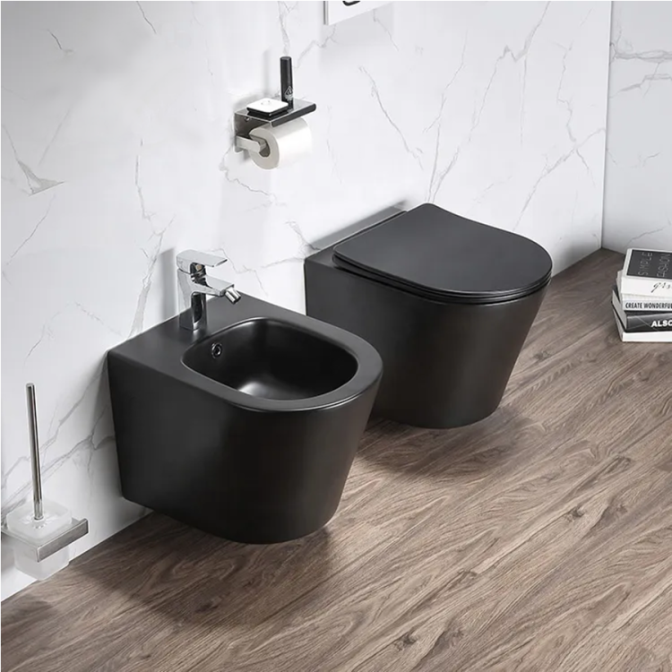 Czarny zestaw WC, miska WC bezkołnierzowa wisząca 36x48 cm krótka z deską wolnoopadającą, bidet wiszący Ceramika Sofia VLD SOFIA NT-7161-TO-BL-MAT + NT-DSLIM-1451-BL-MAT-U + NT-B-7159-TO-BL-MAT czarny mat