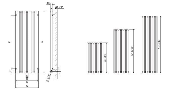 Grzejnik dekoracyjny pionowy 48x90 cm Terma Triga 900x480 rysunek techniczny