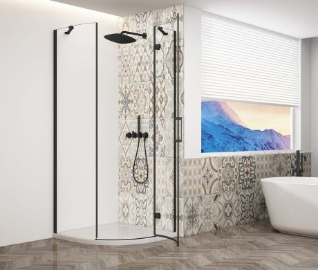Przejdź do produktu TRINITY BLACK kabina prysznicowa półokrągła 900x900mm, szkło czyste, prawa