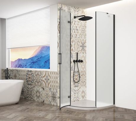 Przejdź do produktu TRINITY BLACK kabina prysznicowa półokrągła 900x900mm, szkło matowe, lewa