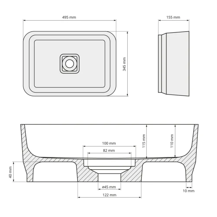 BANERA SQUARE umywalka kompozytowa nablatowa, 50x36cm, antracit mat