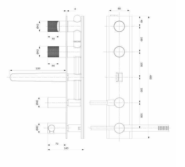 Bateria wannowa 5-otworowa podtynkowa Omnires Contour CT8037-1CPB miedź szczotkowana
