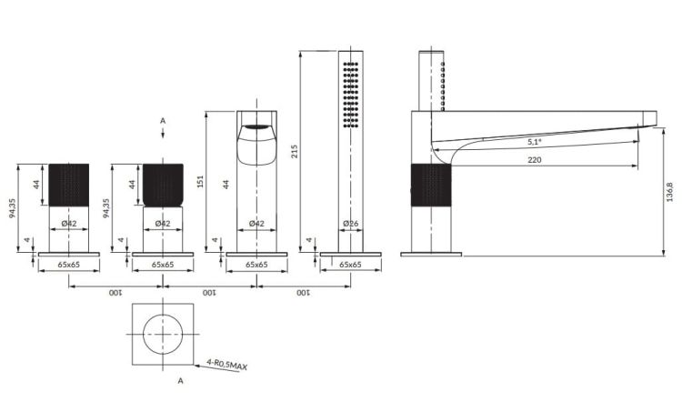 Bateria nawannowa 4-otworowa Omnires Contour CT8032CPB miedź szczotkowana