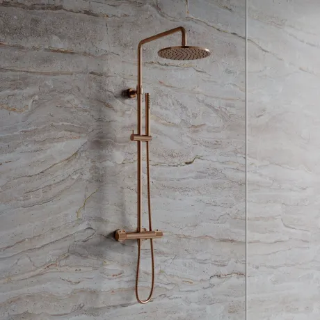 Przejdź do produktu Kolumna prysznicowa termostatyczna z deszczownicą i słuchawką prysznicową Omnires Contour CT8044CPB miedź szczotkowana