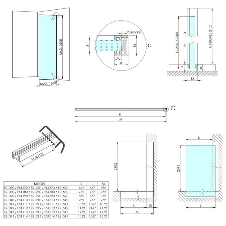 ARCHITEX CHROM walk-in, 1462 mm, szkło Flute