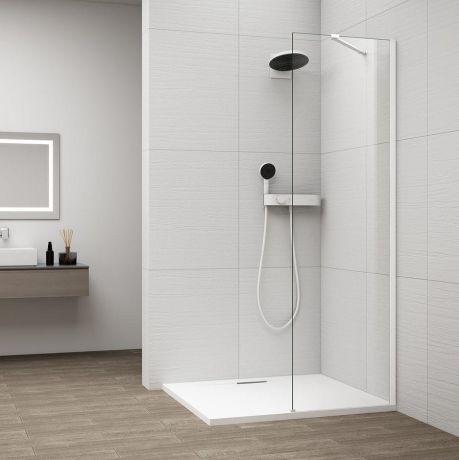 Przejdź do produktu ESCA WHITE MATT jednoczęściowa kabina przysznicowa Walk-In, montaż przy ścianie, szkło czyste, 300 mm