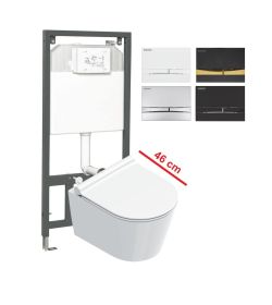 Krótka miska WC 46 cm ze stelażem podtynkowym Slim, deską wolnoopadającą i przyciskiem spłukującym komplet gotowy do instalacji, głębokość zabudowy 57 cm Catalano Zero 11146+Adriatic+K-50
