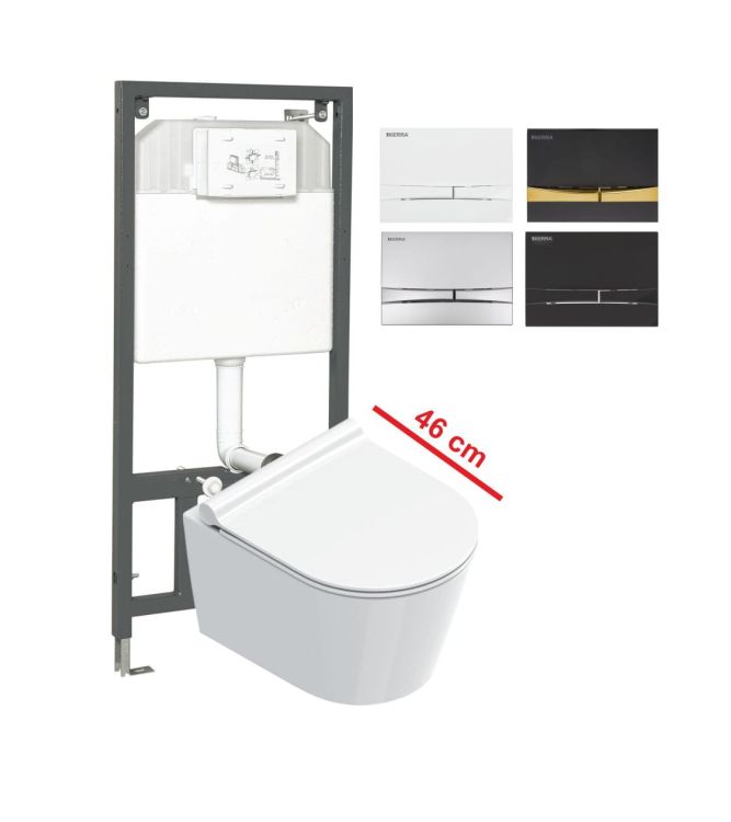 Krótka miska WC 46 cm ze stelażem podtynkowym Slim, deską wolnoopadającą i przyciskiem spłukującym komplet gotowy do instalacji, głębokość zabudowy 57 cm Catalano Zero 11146+Adriatic+K-50