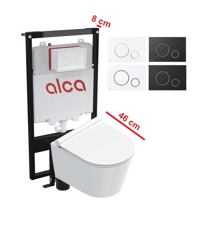 Zestaw WC Slim krótka miska WC 46 cm i stelaż podtynkowy Alca Slim 8 cm, deska WC wolnoopadająca, przycisk spłukujący Catalano Zero 11146+AM1101/1200+M770