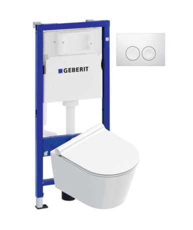 Przejdź do produktu Krótka toaleta wisząca 46 cm, bezkołnierzowa + deska WC wolnoopadającą, stelaż podtynkowy Geberit i biały przycisk spłukujący Delta Catalano Zero 11146+Geberit+115.125.11.1