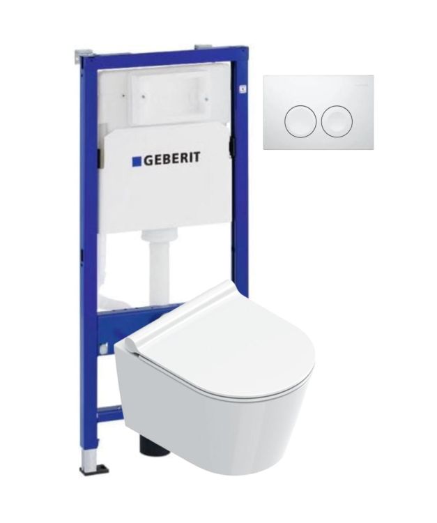Krótka toaleta wisząca 46 cm, bezkołnierzowa Catalano Zero + deską WC wolnoopadającą, stelaż podtynkowy Geberit i białym przycisk spłukujący Delta 11146+Geberit+115.125.11.1