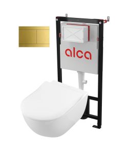 Zestaw WC miska WC 37x56 cm Villeroy & Boch Subway 2.0  i stelaż podtynkowy Alca, deska WC wolnoopadająca, przycisk spłukujący mosiądz 5614R201+AM101/1120+FUN-BRASS biały