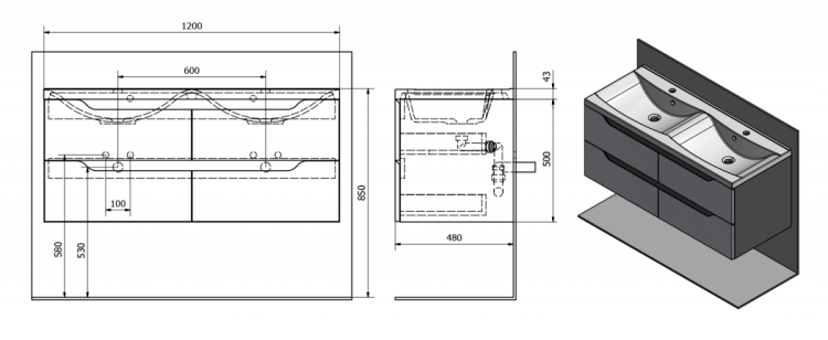 WAVE szafka umywalkowa 119,7x50x47,8cm, biała/dąb cuneo