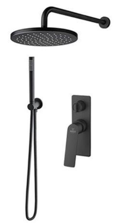 Przejdź do produktu Zestaw natryskowy z deszczownicą 25 cm, baterią podtynkową z przełącznikiem i rączką prysznicową Demm Sleek 99ZES25 czarny mat