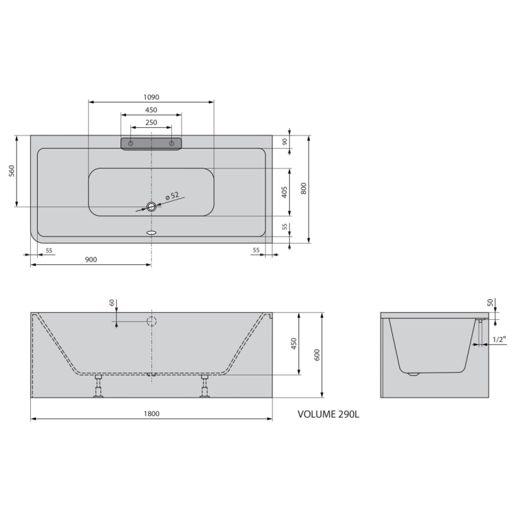 CASCATA R MONOLITH wanna prostokątna 180x80x60, kaskada ze stali nierdzewnej