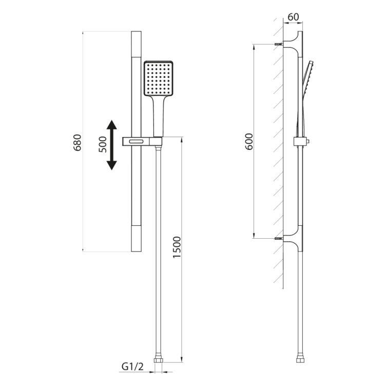 Zestaw prysznicowy, przesuwny uchwyt 680mm, czarny mat