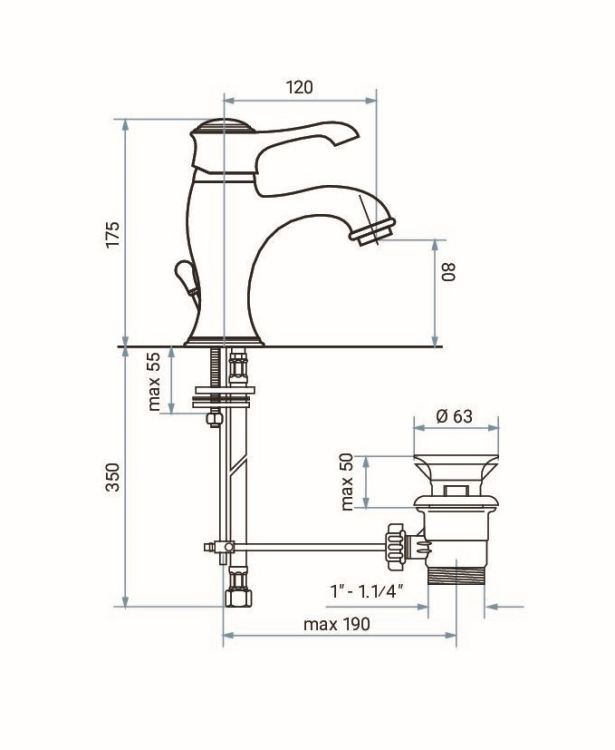 Retro bateria umywalkowa stojąca 18 cm z korkiem automatycznym Emmevi Tiffany chrom 6003CR