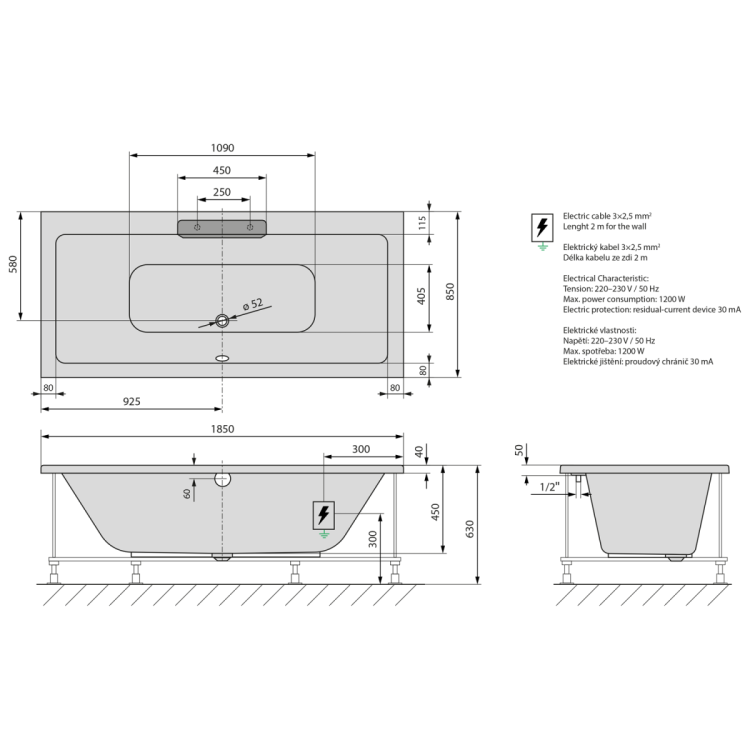 CASCATA wanna z hydromasażem, 185x85x45cm, kaskada czarna, Highline Hydro-Air, chrom