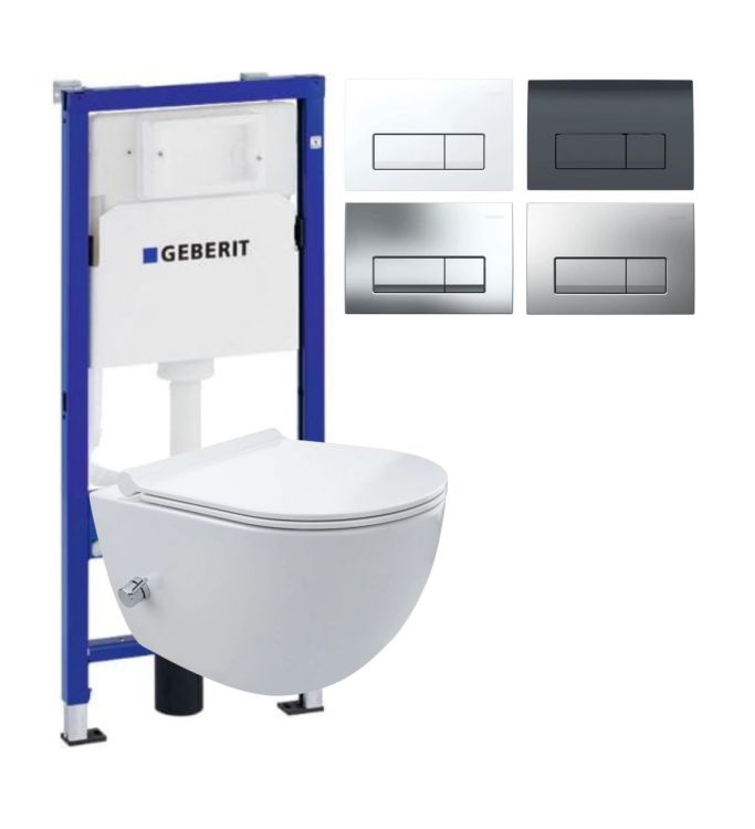 Miska WC z funkcją bidetu 36x50 cm Trend z deską WC, stelażem podtynkowy Geberit i czarnym przyciskiem Delta50 TR2239+111170001+156050001 biały połysk