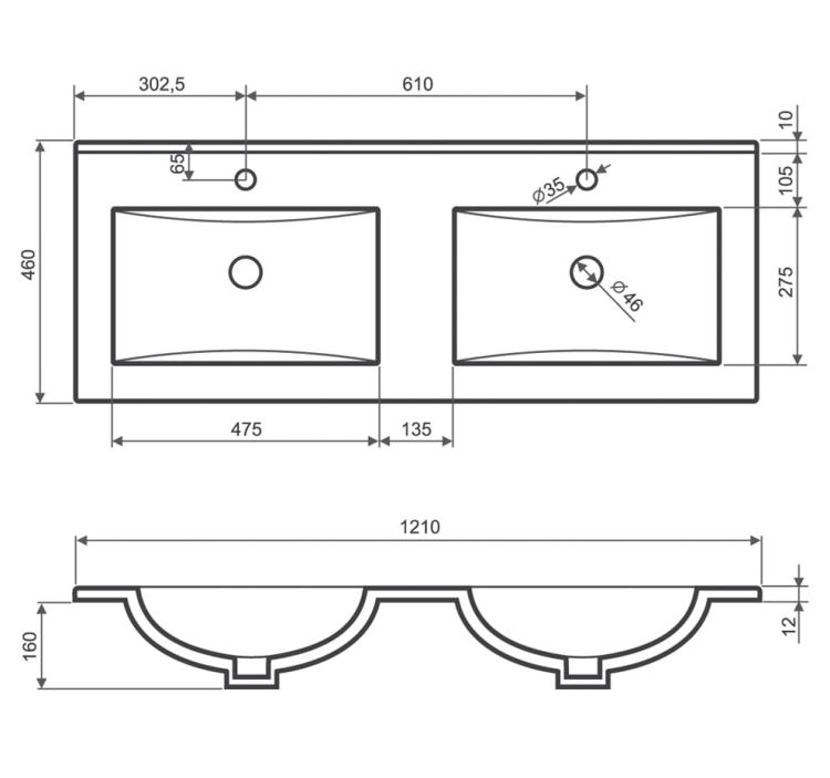 Umywalka meblowa podwójna 121x46 cm Darfor UM/P/121x46/1/BP biały połysk