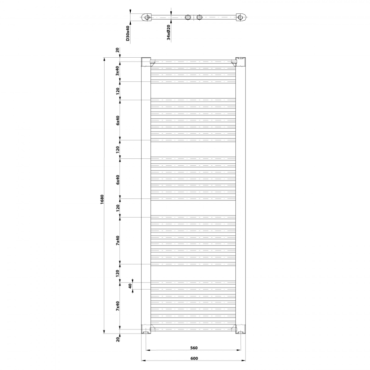 DIRECT grzejnik łazienkowy 600x1680 mm, czarny mat