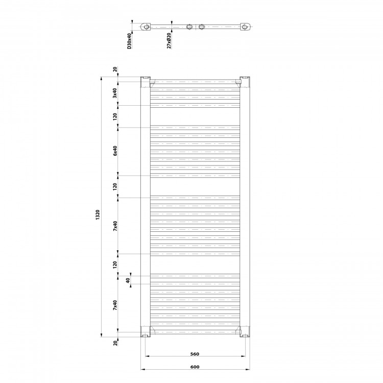 DIRECT grzejnik łazienkowy 600x1320 mm, czarny mat