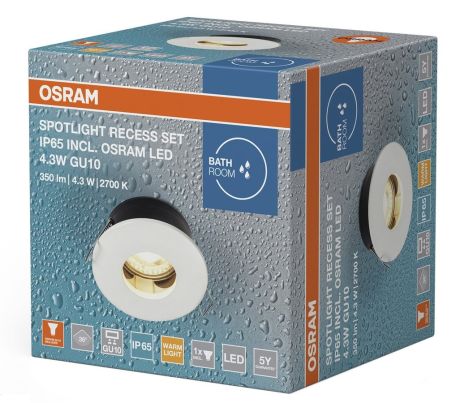Przejdź do produktu Oświetlenie sufitowe łazienkowe, średnica 85mm, GU10OSRAM, 4,3W, 230V, IP65, biały
