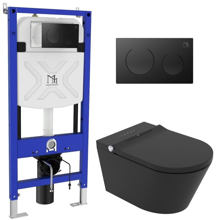 Elektroniczna toaleta myjąca wisząca 37x60 cm Major&Maker Black Pearle w komplecie ze stelażem i przyciskiem spłukującym czarny mat