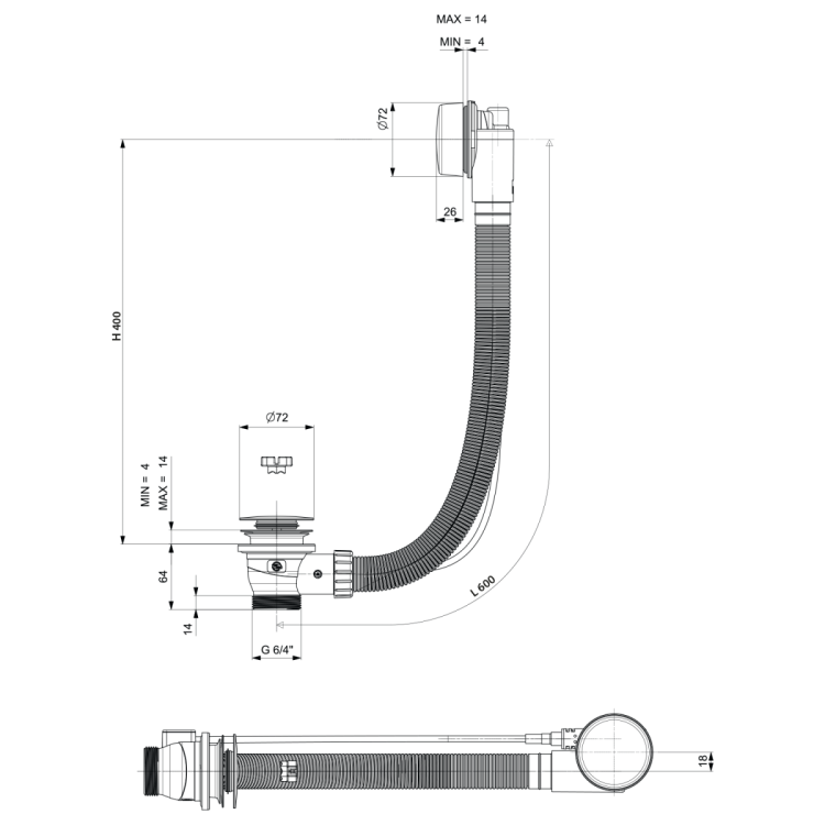 Zestaw odpływowy z korkiem automatycznym, długość 600mm, korek 72mm, chrom