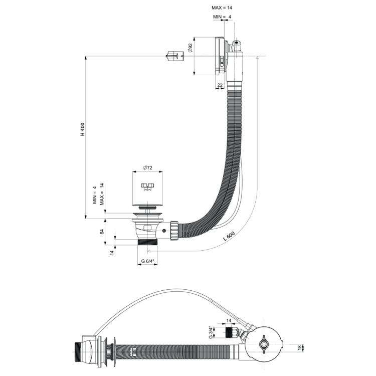 Zestaw odpływowy z napełnianiem, długość 600mm, korek automatyczny 72mm, czarny mat