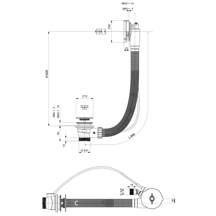 Zestaw odpływowy z napełnianiem, długość 800mm, korek automatyczny 72mm, czarny mat